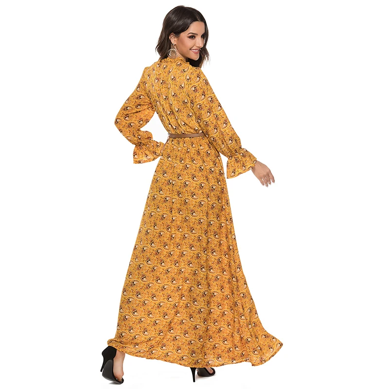 Terbaru Elegan Fashion Dubai Muslim Turki Maxi Gaun Indonesia Islamic Slim Cetak Besar Ayunan Lengan Panjang Gaun Abaya untuk Wanita