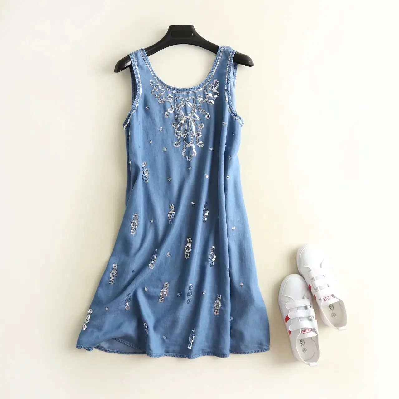 

2021 Summer New Women's Solid Sequined Denim Vest Casual Dress