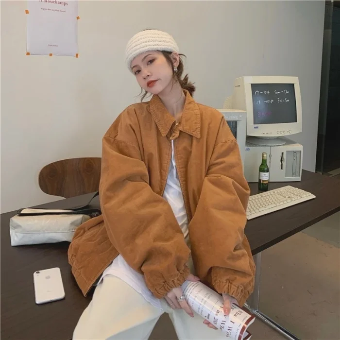 

Corduroy Jacket Cotton Jacket Autumn Winter Loose Lapel Clip Cotton Warm Long Sleeve Cotton Jacket Female