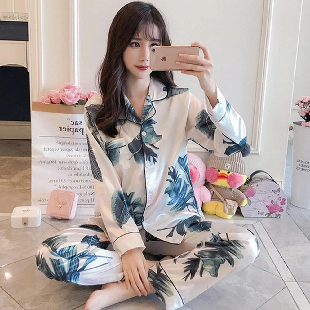 Long Sleeve Women's Pajama Set Silk Spring Summer 2 Pcs Single Breasted Ladies Pijama Suit with Pants Pyjama Sleepwear Female