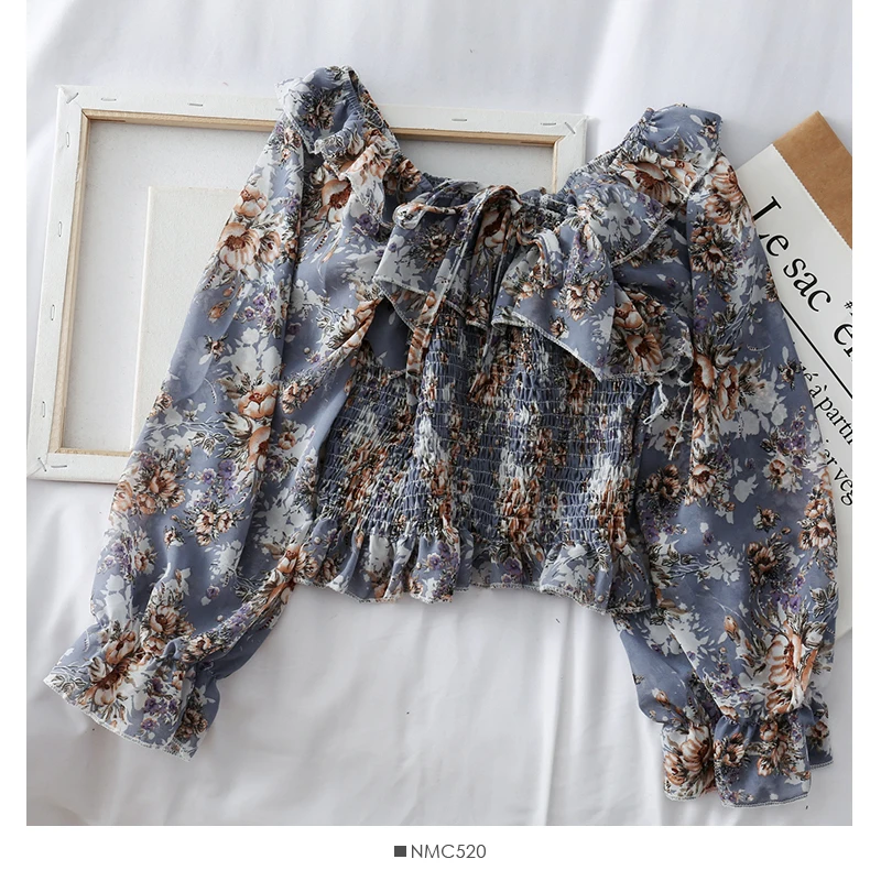 Summer Women Chiffon Blouses Sexy Ladies Streetwear Slash Neck Off Shoulder Vintage Floral Puff Sleeve Ruffles Shirts Tops