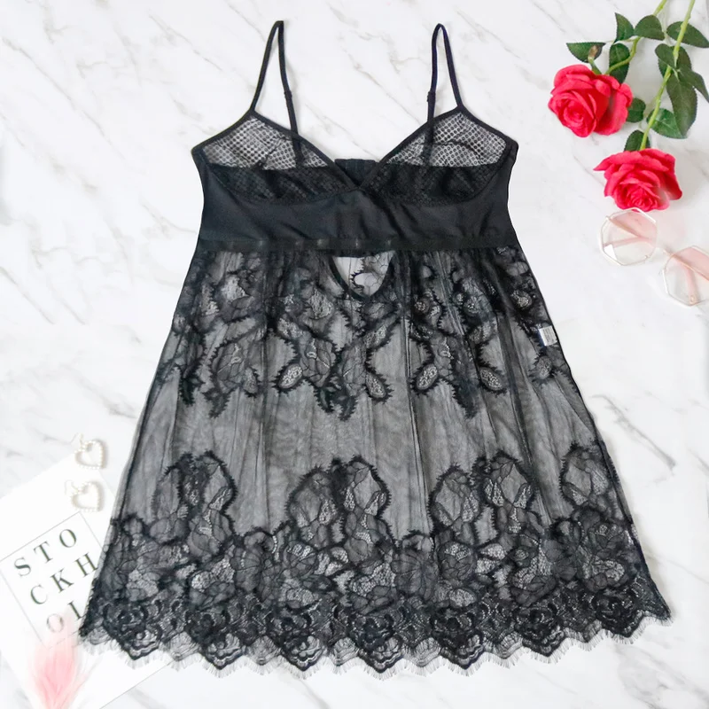 

2PCS/Sets Women Sexy Mini Dress+G-string Lace Transparent Lingerie Sleepwear Babydolls Underwear Nightwear Suits Plus Size 5XL
