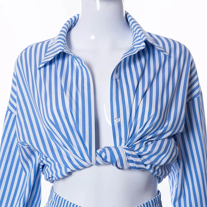 

Oluolin Two Piece Set Women Sexy Long Sleeve Blue Striped Blouse Shirt and Shorts Sets 2021 Summer Vacation Outfits Streetwear