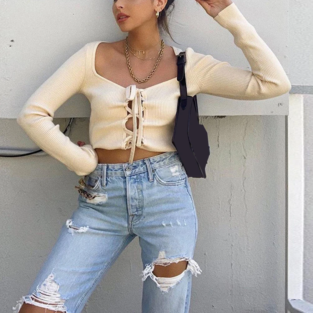 Элегантные вязаные топы с вырезами женские уличные романтические футболки