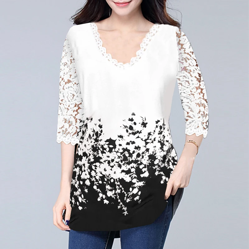 Белая кружевная блузка в стиле пэчворк Женская Весенняя с цветочным принтом V