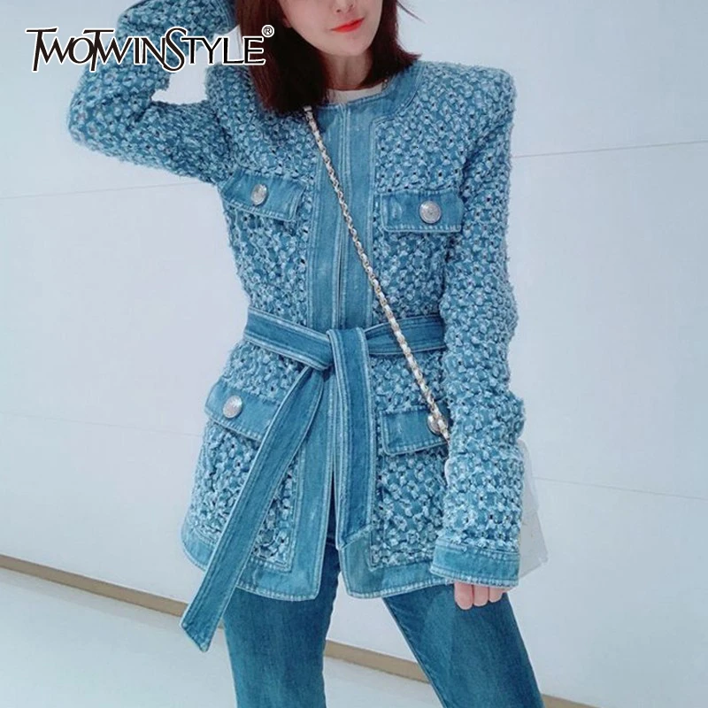 

TWOTWINSTYLE Vintage Blue Denim Jacket With Belt Waisted Ripped Hole Women Coat 2020 Autumn Long Sleeve Pockets Streetwear New