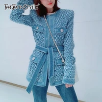 twotwinstyle vintage blue denim jacket with belt waisted ripped hole women coat 2020 autumn long sleeve pockets streetwear new