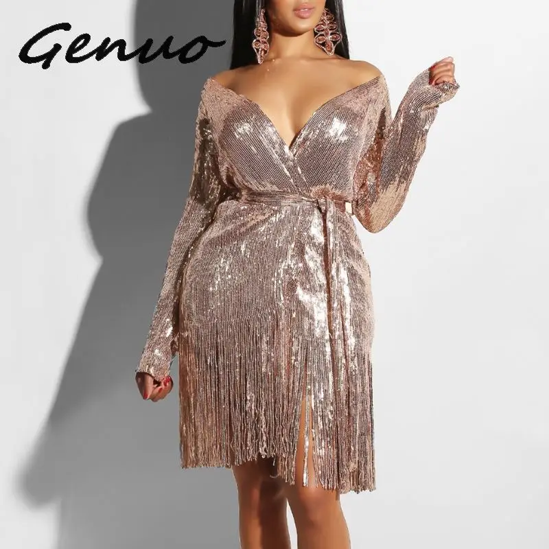 

Genuo New 2019 Women Silver Sequins Open Stitch Long Sleeve Tassel Hem X-Long Trench Vintage Fashion Sexy Blazers Coats No Belt