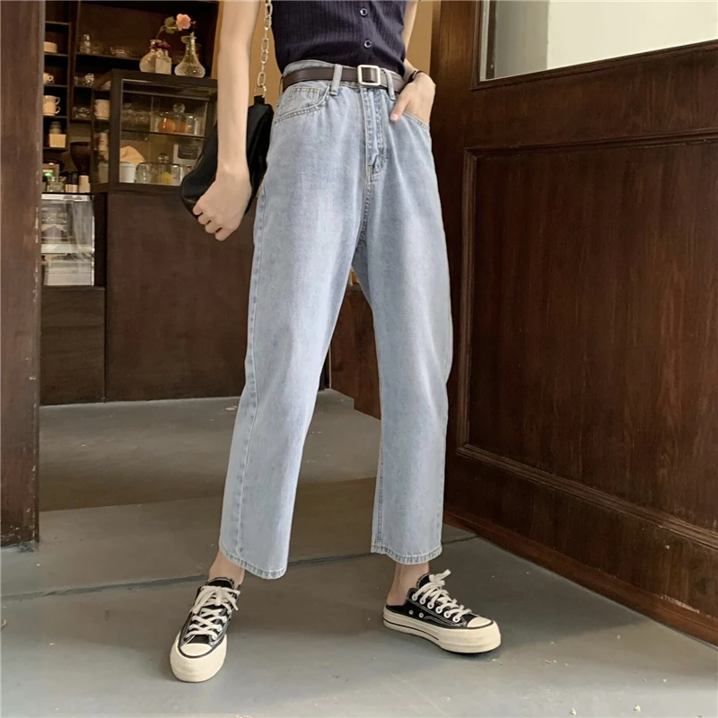 

Korean version of the high-waist slim straight-leg pants nine minutes pants white washed distressed blue jeans