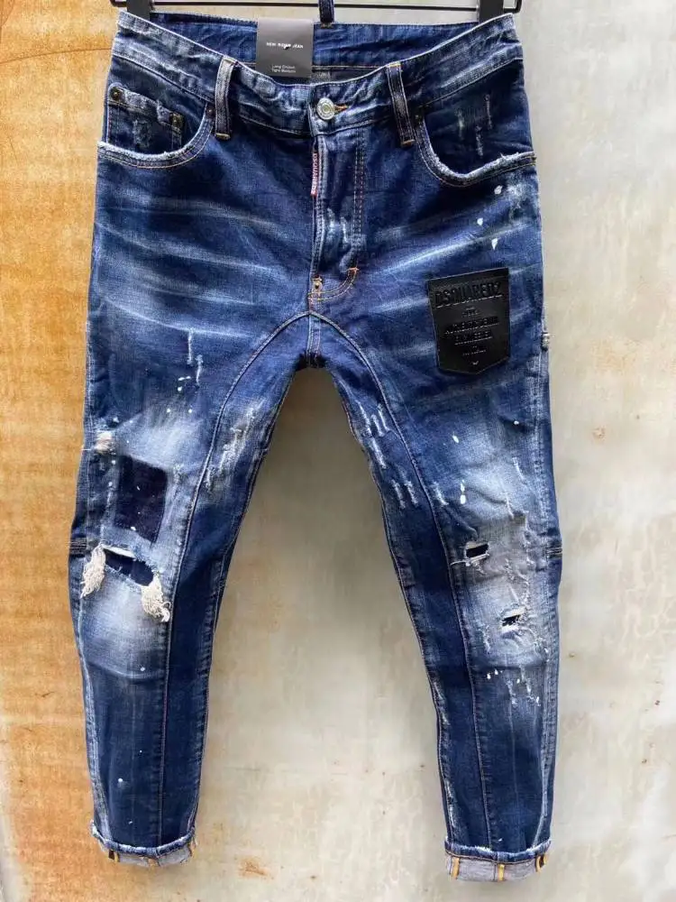 

New DSQUARED2 Stitching Printing Men's Slim Jeans Straight Leg Motorcycle Rider Hole Pants Jeans Man T121