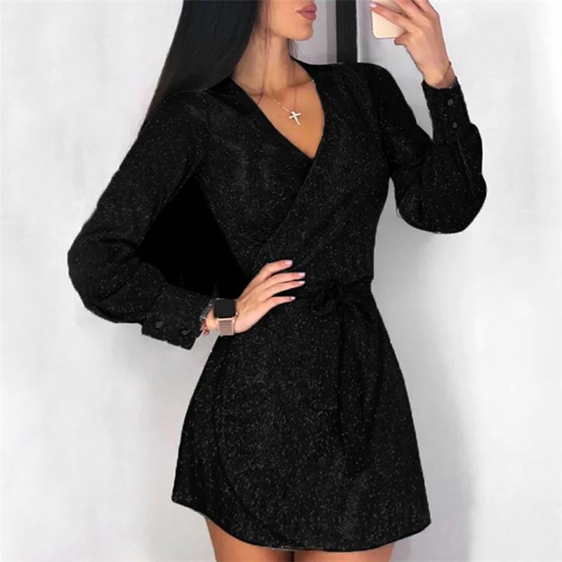 

Female Glitter Dresses Sexy Women V Neck Bandage Long Sleeve Mini Dress Casual Button Office Lady Party Dresses Vestidos SJ5130V