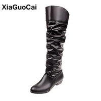 autumn winter woman shoes mid calf boots pleated fashion slim sexy female long boots newest pu leather footwear warm big size