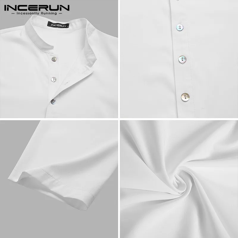 INCERUN Vintage Men Muslim Shirt Solid Color Long Sleeve Button Casual Islamic Arabic Shirts Streetwear Camisa Stand Collar Tops images - 6