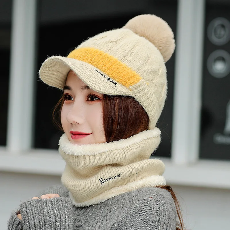 beige Модная зимняя шапка и шарф, комплект из двух предметов, Женский утепленный зимний теплый комплект, женские шапки и шарфы, унисекс шапочка для девочек - Цвет: beige