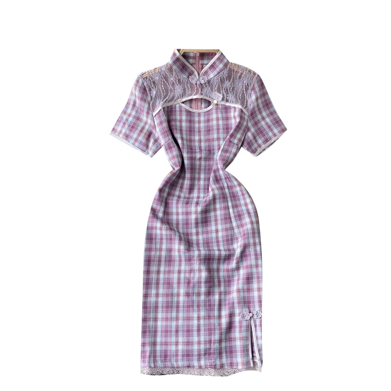 

Guochao retro plain cheongsam improved version dress goddess fan Xinji hollow lace splicing short