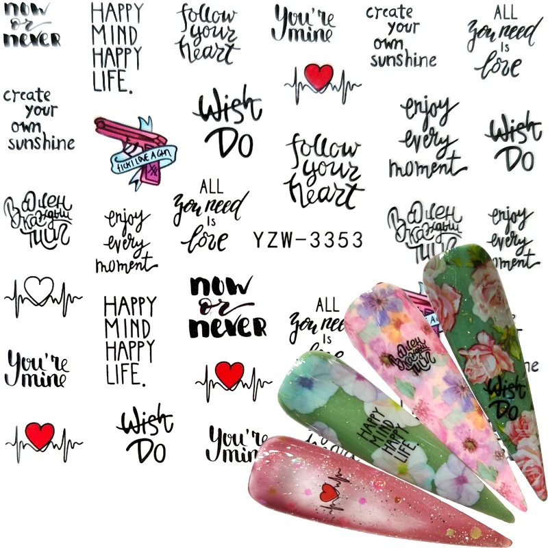

2022 1 Sheet Leaves Nail Water Transfer Decals Sliders Stickers For Nails Art Black Letters Designs Foils Decorations