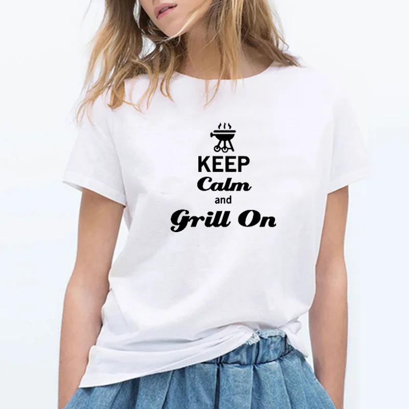 

Футболка из 100% хлопка с принтом Keep Calm And Grill, топ с коротким рукавом и круглым вырезом, футболки для женщин и девушек