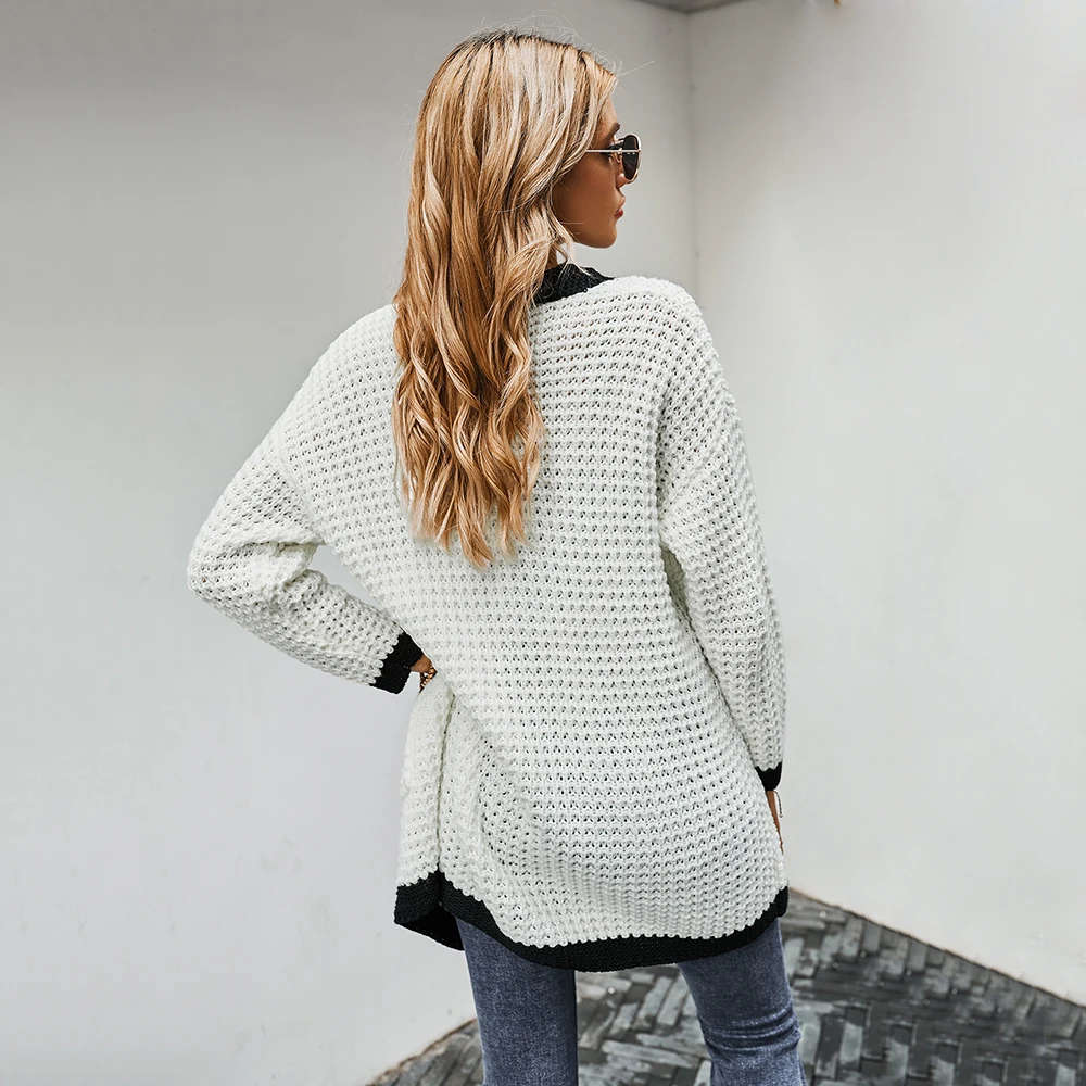 Женский кардиган с открытым швом свитер карманами и длинным рукавом вязаные