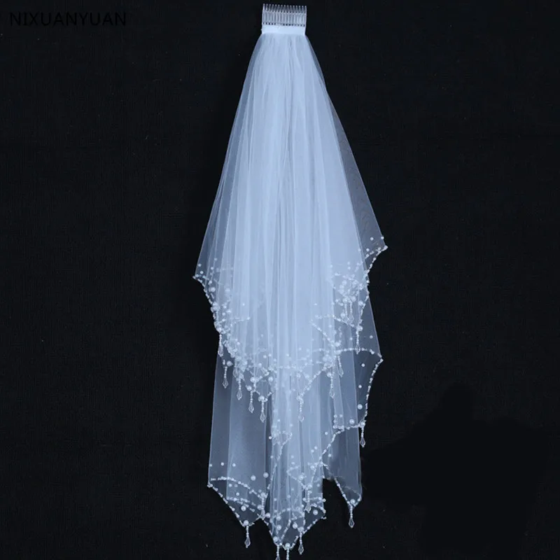 BlingBling White Ivory 80CM Short Bridal Veils Crystal Rhinestone Sequin Pearls Edge 2T Wedding with Comb Hot Accessories | Свадьбы и