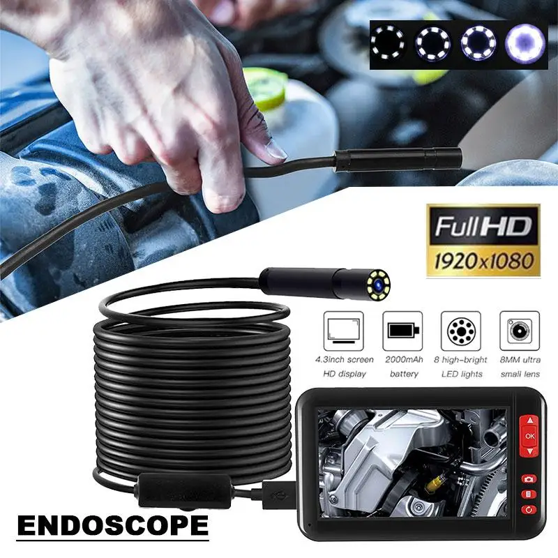 

F200 Screen Inspection Endoscope Camera HD1080P 8MM Lens 8 LEDs IP67 Waterproof Borescope 4.3 Inch HD Screen Camera Car Monitor