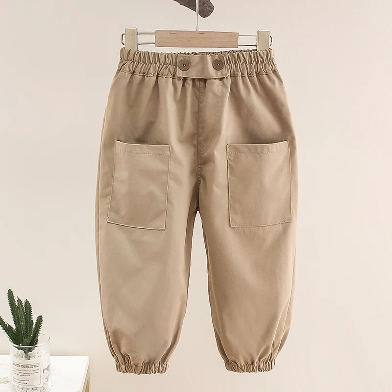 

2021 Korean Style Children New Girl Autumn Loose Khaki Military Green Polyester Solid Pockets Elastic Waist Wide Leg Cargo Pants