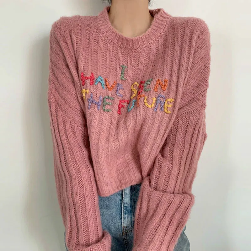 

O-neck Chic Colorful Letter Embroidery Design Pullovers Sweet Loose All-match Knitted Sweaters Spring Autumn New Coat