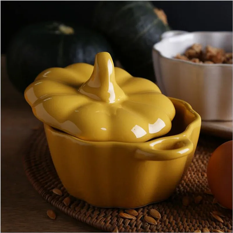 Creative ceramics Pumpkin bowl Covered roast Stew soup Soup pot with lid Cartoon cute plate 1pc | Дом и сад