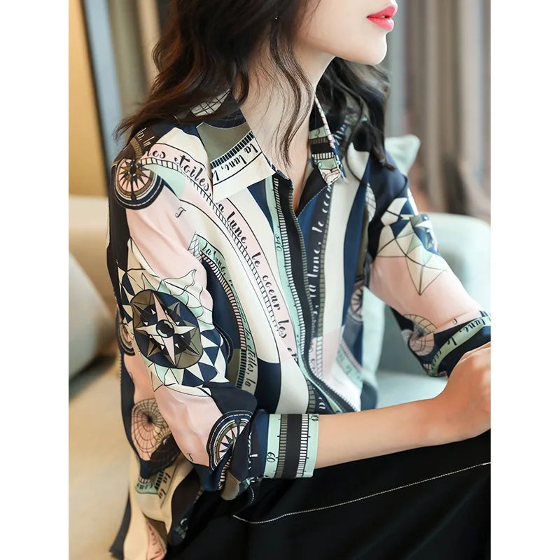 blue geometric floral silk office blouse womens shirts and blouses 2020 summer elegant sexy boho long sleeve plus size palace