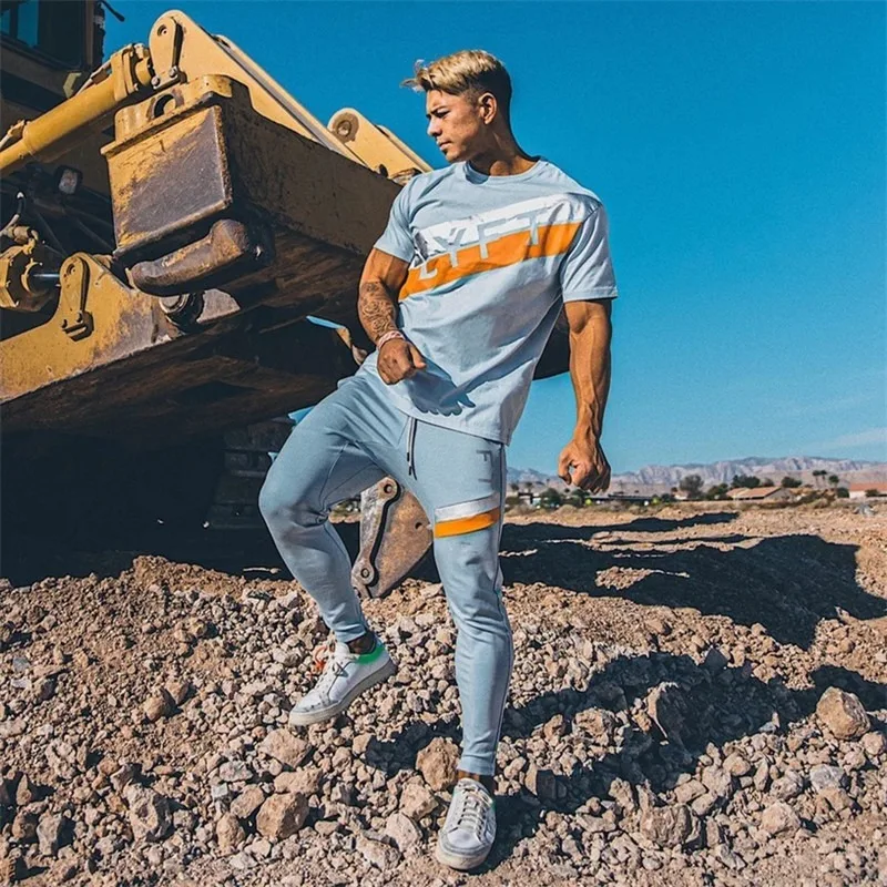 

Blue Men's Fitness Casual Training Running Pants Pocket Side Zipper Workout Sport Trousers Cotton Fashion Men Gym Jogging Pants