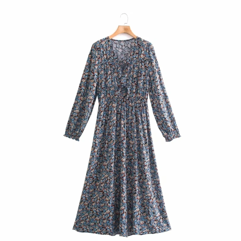 

Hot Sale Women Vintage Flower Printing V Neck Midi Dress Female Long Sleeve Clothes Casual Lady Loose Vestido D8500