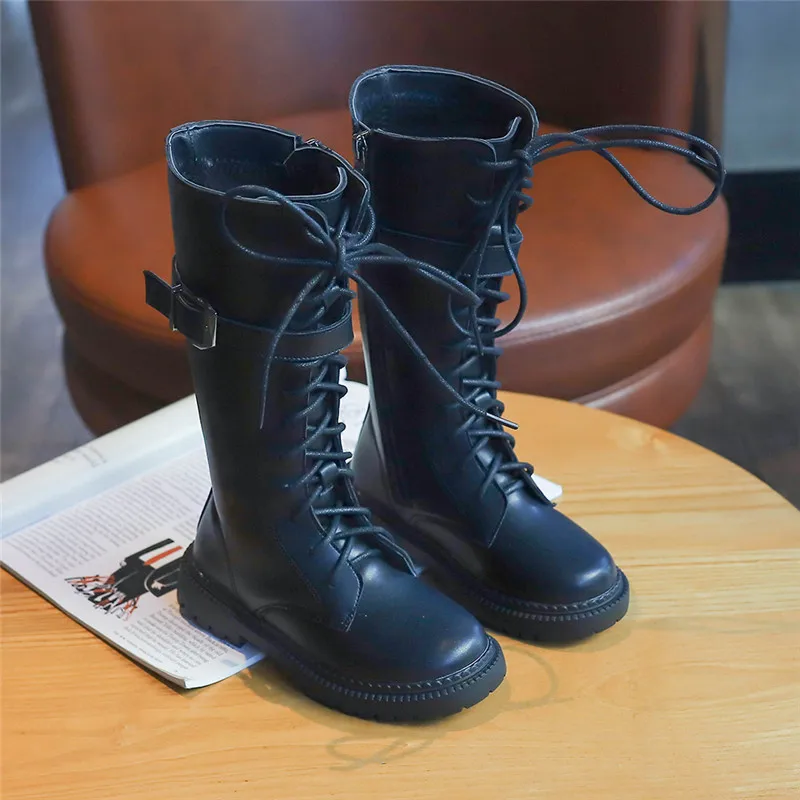 Зимние сапоги для девочек кожаная обувь модные длинные до колена на шнуровке
