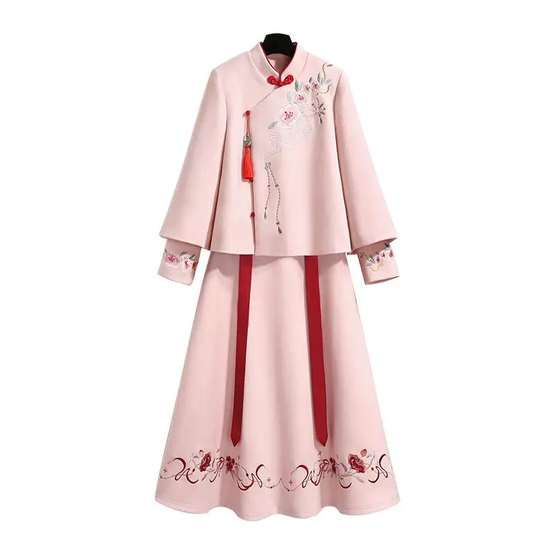 

Plus Size Women's Spring 2021 New Chinese Style Hanfu Sweet Suit Coat+Skirt Embroidery Vestidos Women Vintage Dress Costume