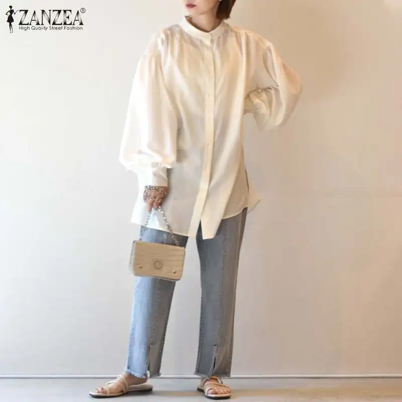 

Lady Casual Puff Sleeves Tunic ZANZEA Irregular Cotton Blouses Loose Solid Lapel Tops Fashion Women Autumn Shirts Oversized 5XL