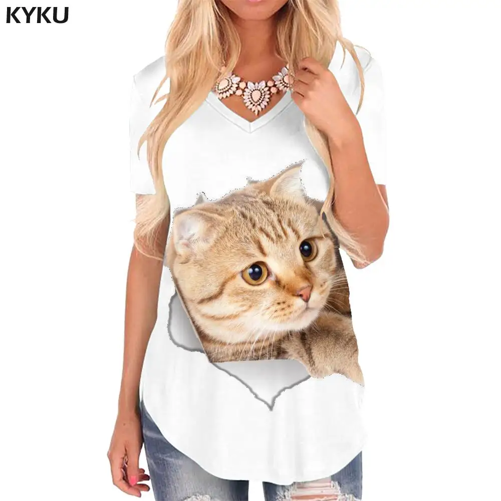 

KYKU Cat T Shirt Women animal Tshirts Printed Hip hop V-neck Tshirt white Funny T shirts Womens Clothing Hip hop Loose Style