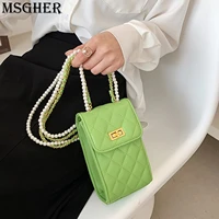 pearl shoulder strap mobile phone bag 2021summer green small cross body bag with versatile chain texture leather lattice
