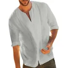 Льняные рубашки для мужчин, повседневные тонкие летние свободные мужские топы с V-образным вырезом и рукавом до локтя