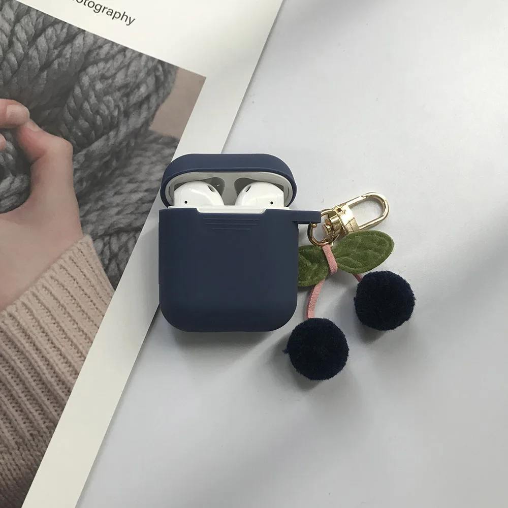 Dark Blue Корейский Вишневый меховой шарик-подвеска для гарнитура для AirPods чехол Bluetooth беспроводной защитный чехол для Apple AirPods чехол cherry Keychian - Цвет: Dark Blue