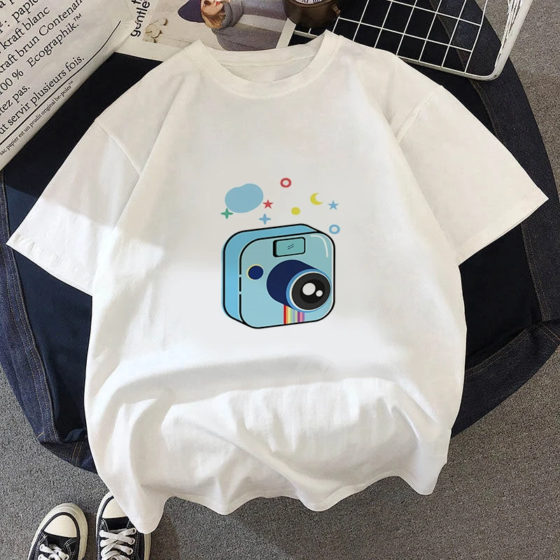 

Summer Fashion Shirt Cartoon Camera Graphic T Shirt Kawaii Women Tops Base O-neck White Tees 90s Fashion Top Tees Female V