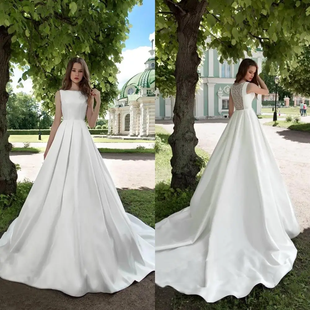 

2020 Свадебные платья с жемчужинами без рукавов кружевные Сатиновые Свадебные платья с молнией сзади и шлейфом А-линия свадебное платье