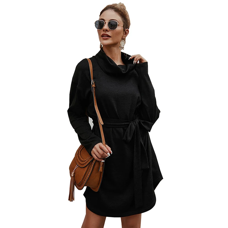 

Turtleneck Long Sleeved Black Belt Casual Sweater Dress Women's Fashion Elegant Loose Dresses Girl 2019 Autumn and Winter New