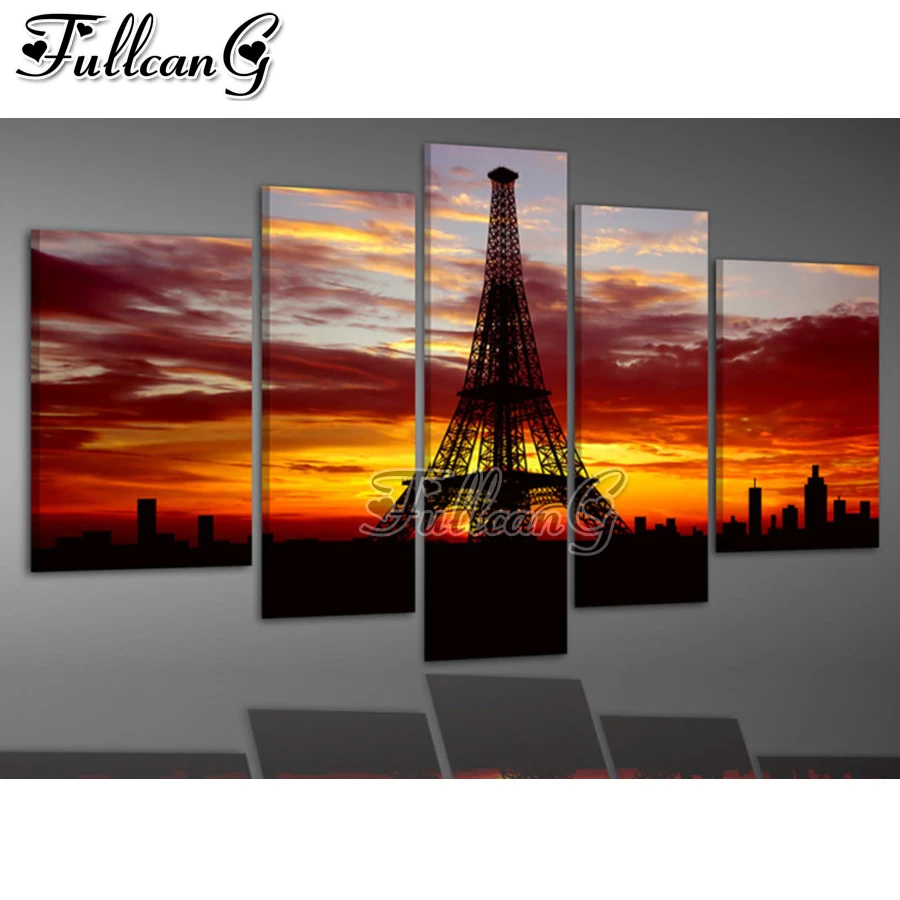 

FULLCANG 5 piece diy diamond painting sunset tower scenery full square/round drill mosaic embroidery sale needlework FC2314