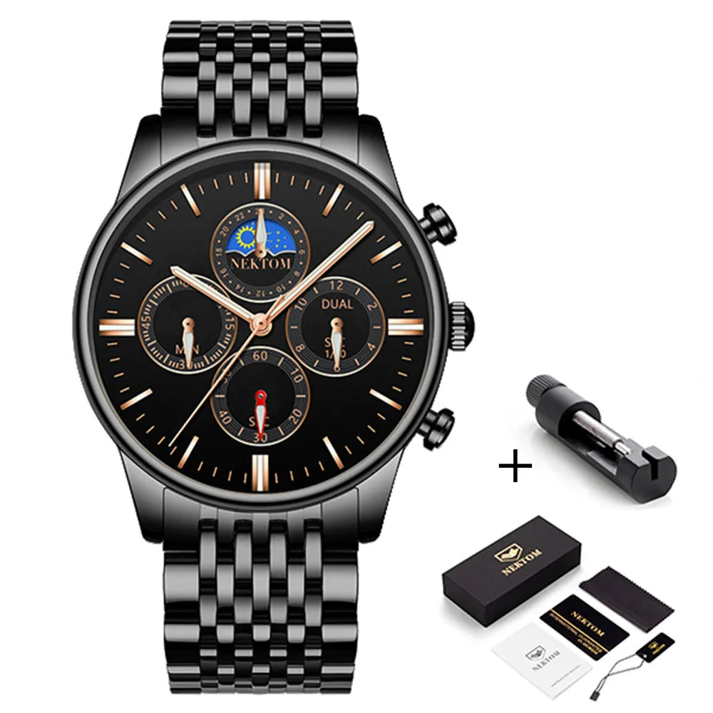 

2021 NEKTOM Fashion Mens Watches Top Luxury Brand Silver Stainless Steel Waterproof Quartz Watch Men Army Military Chronograph