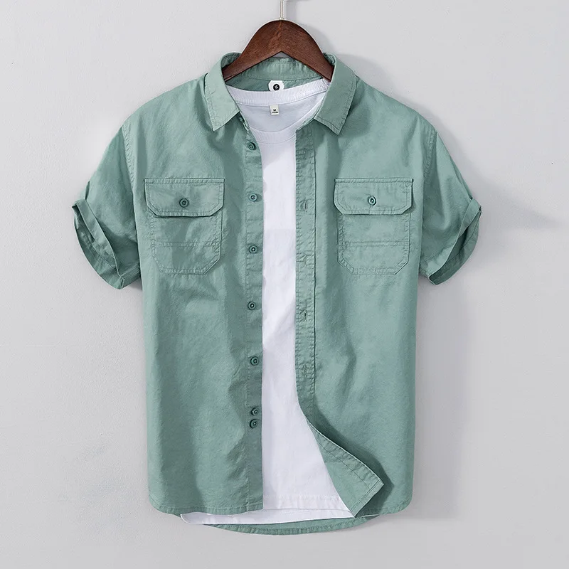 Рубашка мужская с квадратным воротником модная зеленая однотонная молодежная