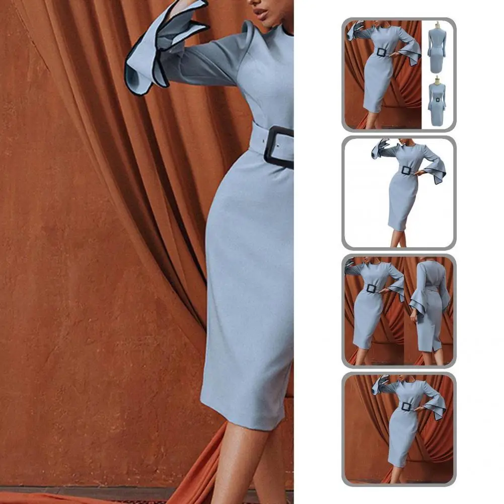 

Популярное облегающее платье-миди с разрезом, удобное платье-миди с круглым вырезом для повседневной носки