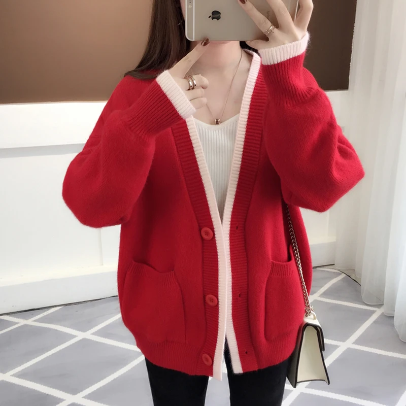 

2019 New Autumn Women Solid Color Sweater Coat Fashion V-neck Single-breasted Long-sleeved Loose Knitted Coat cc1589