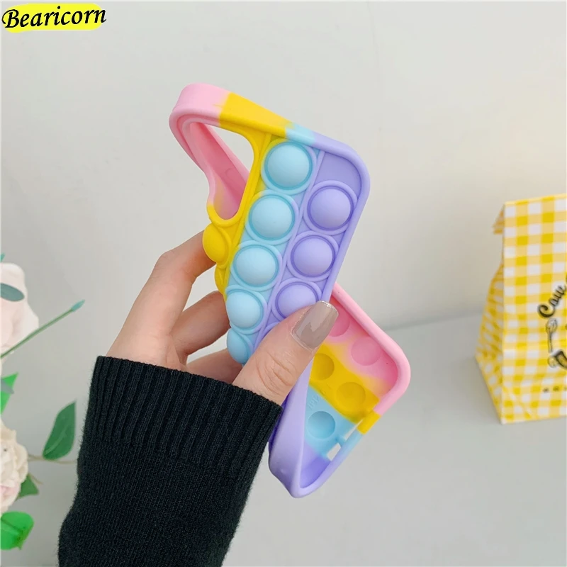 Pop Fidget Toys Push Bubble Silicone Beans Case For iPhone 6 6s 7 8 Plus X XR XS 11 12 Pro Max SE 2020 3D Rainbow Cartoon Cover