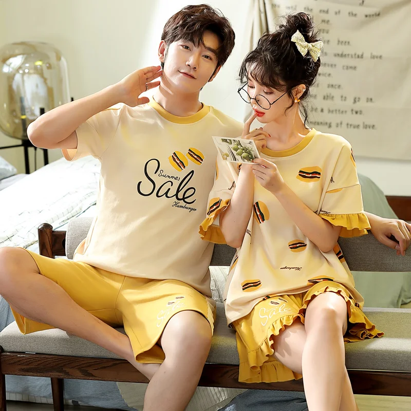 

Couple Summer Sweet Cute Yellow Ruffle Short Sleeve Pajamas Set Cartoon Hamburger Letter Homewear Men Plus Size Cotton Sleepwear