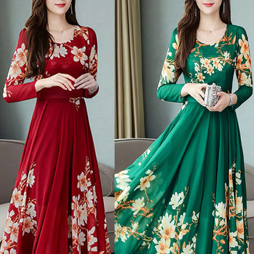 Женское длинное платье трапеция элегантное с круглым вырезом и длинным рукавом