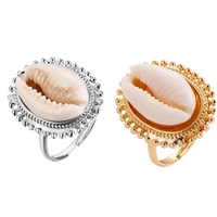 cowrie shell rings adjustable natural conch shell open index finger rings for women girls fashion summer beach jewelry 2pcsset