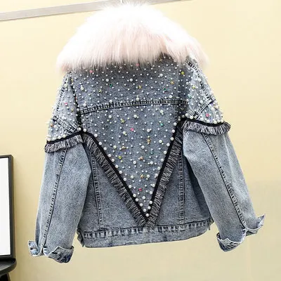 blue coat pink fur Зимняя женская джинсовая куртка с мехом, Женская парка, новинка, черное джинсовое пальто женское джинсовое пальто с заклепками и стразами, шерстяная подкладка - Цвет: blue coat pink fur
